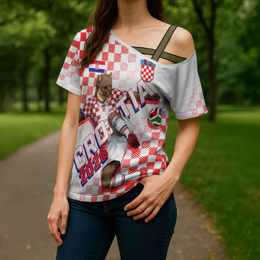 Personalized Croatia Soccer 2026 Cross Shoulder Shirt Funa Zlatica Football Mascot - Sahovnica Croatian Checkerboard