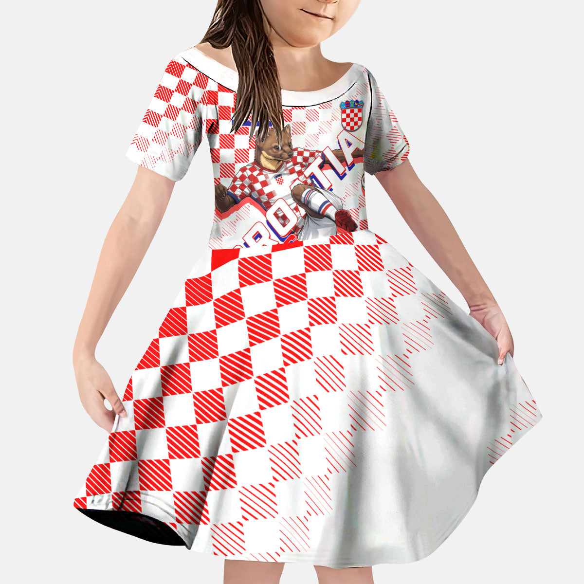 Personalized Croatia Soccer 2026 Kid Short Sleeve Dress Funa Zlatica Football Mascot - Sahovnica Croatian Checkerboard