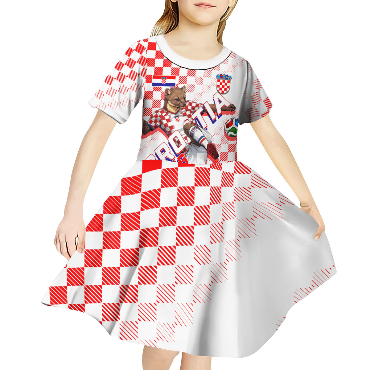 Personalized Croatia Soccer 2026 Kid Short Sleeve Dress Funa Zlatica Football Mascot - Sahovnica Croatian Checkerboard