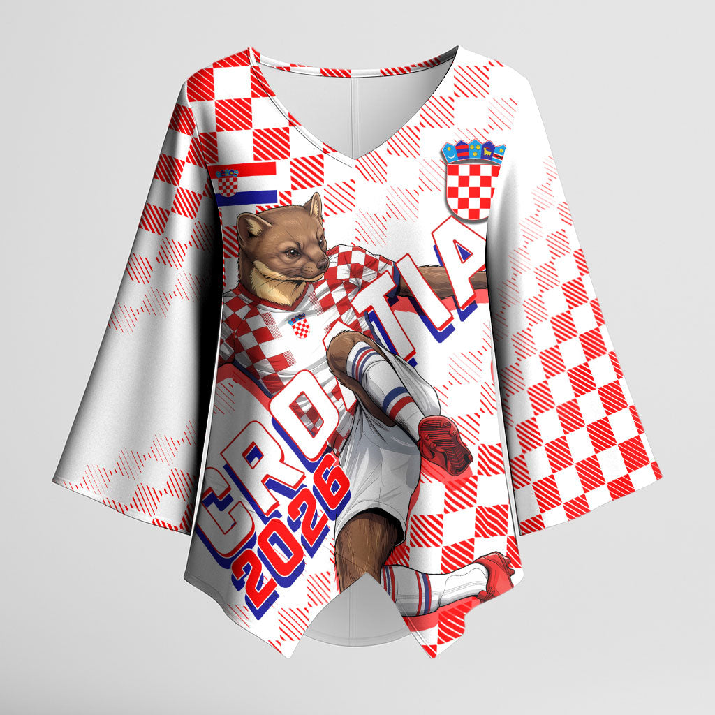Personalized Croatia Soccer 2026 Kimono Sleeve Blouse Funa Zlatica Football Mascot - Sahovnica Croatian Checkerboard