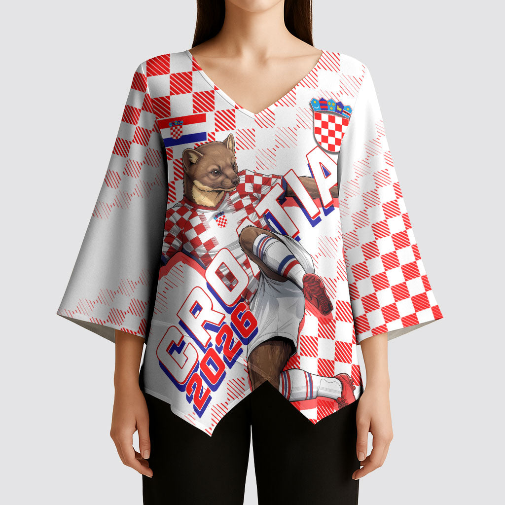 Personalized Croatia Soccer 2026 Kimono Sleeve Blouse Funa Zlatica Football Mascot - Sahovnica Croatian Checkerboard