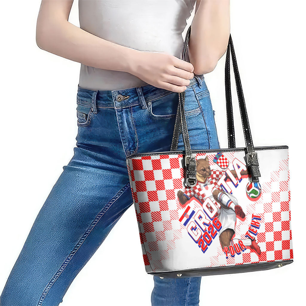 Personalized Croatia Soccer 2026 Leather Tote Bag Funa Zlatica Football Mascot - Sahovnica Croatian Checkerboard