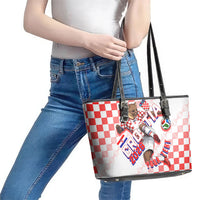 Personalized Croatia Soccer 2026 Leather Tote Bag Funa Zlatica Football Mascot - Sahovnica Croatian Checkerboard