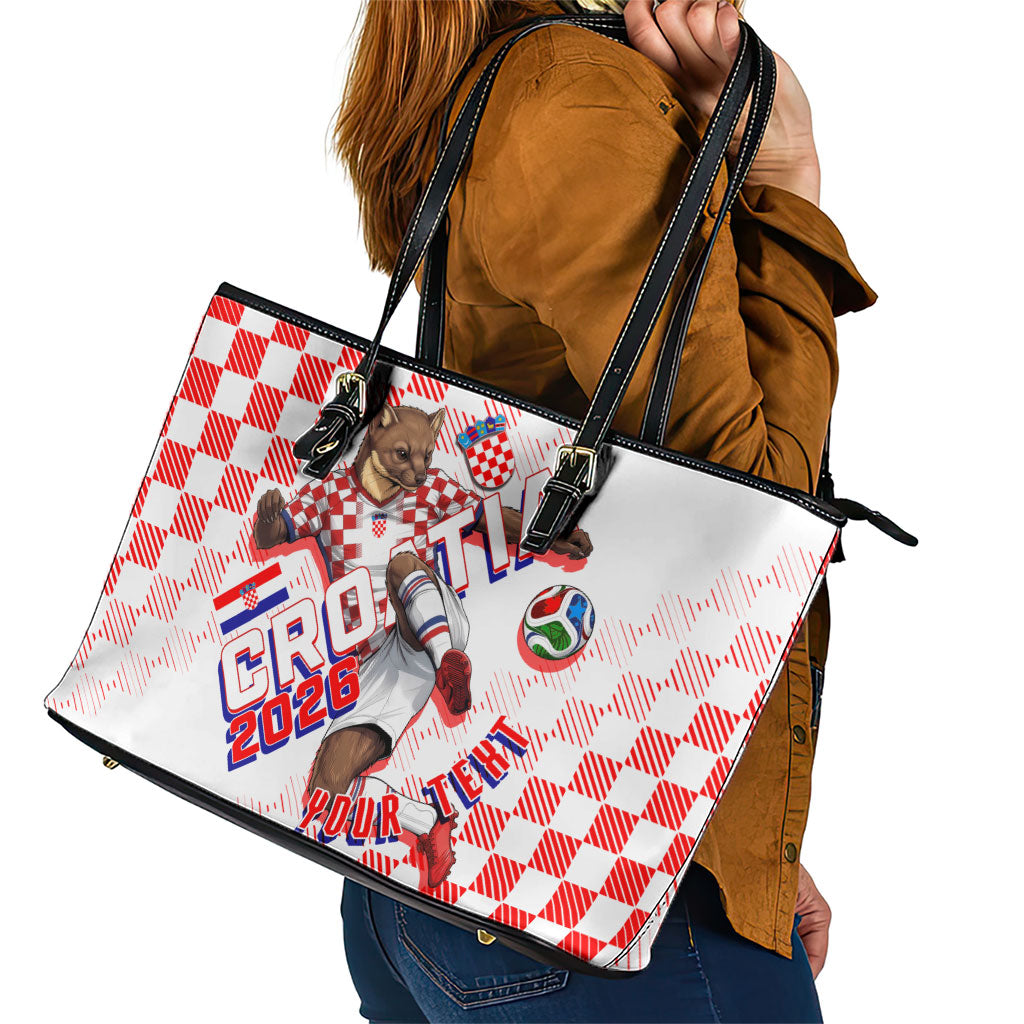 Personalized Croatia Soccer 2026 Leather Tote Bag Funa Zlatica Football Mascot - Sahovnica Croatian Checkerboard