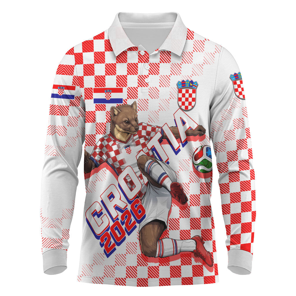 Personalized Croatia Soccer 2026 Long Sleeve Polo Shirt Funa Zlatica Football Mascot - Sahovnica Croatian Checkerboard
