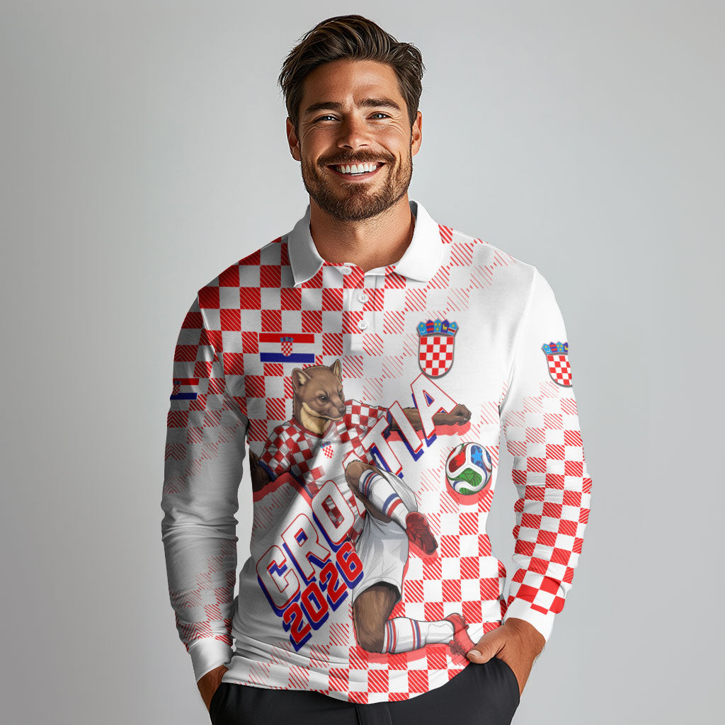 Personalized Croatia Soccer 2026 Long Sleeve Polo Shirt Funa Zlatica Football Mascot - Sahovnica Croatian Checkerboard