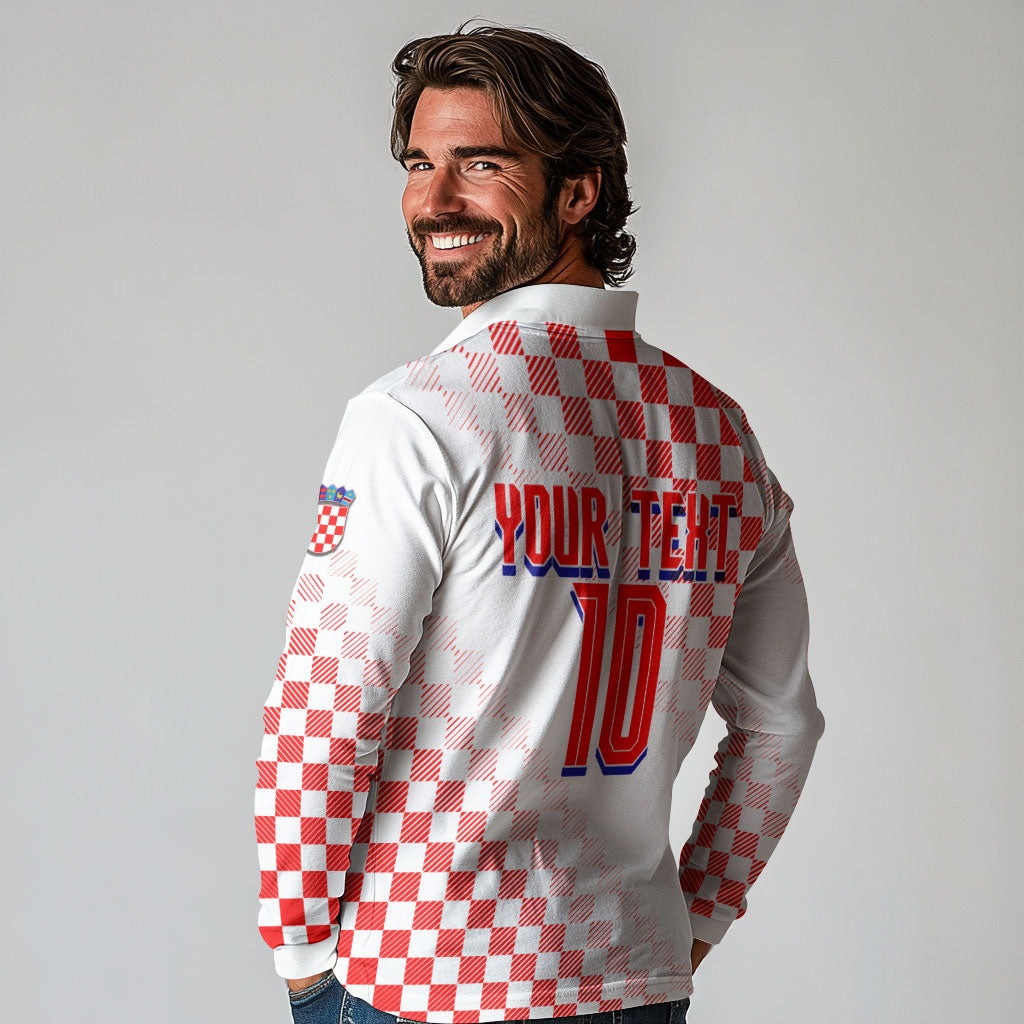 Personalized Croatia Soccer 2026 Long Sleeve Polo Shirt Funa Zlatica Football Mascot - Sahovnica Croatian Checkerboard