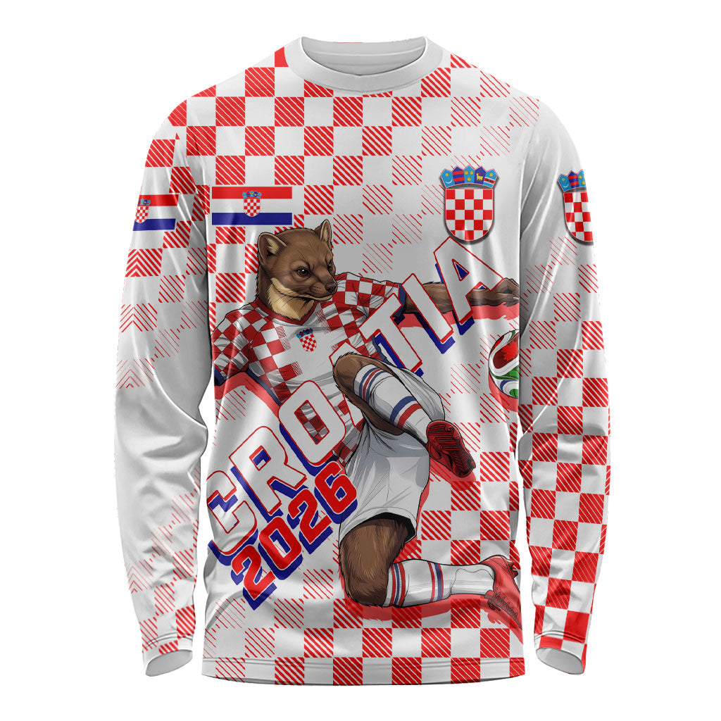 Personalized Croatia Soccer 2026 Long Sleeve Shirt Funa Zlatica Football Mascot - Sahovnica Croatian Checkerboard