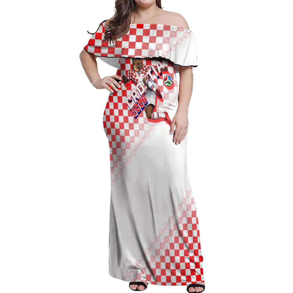 Personalized Croatia Soccer 2026 Off Shoulder Maxi Dress Funa Zlatica Football Mascot - Sahovnica Croatian Checkerboard