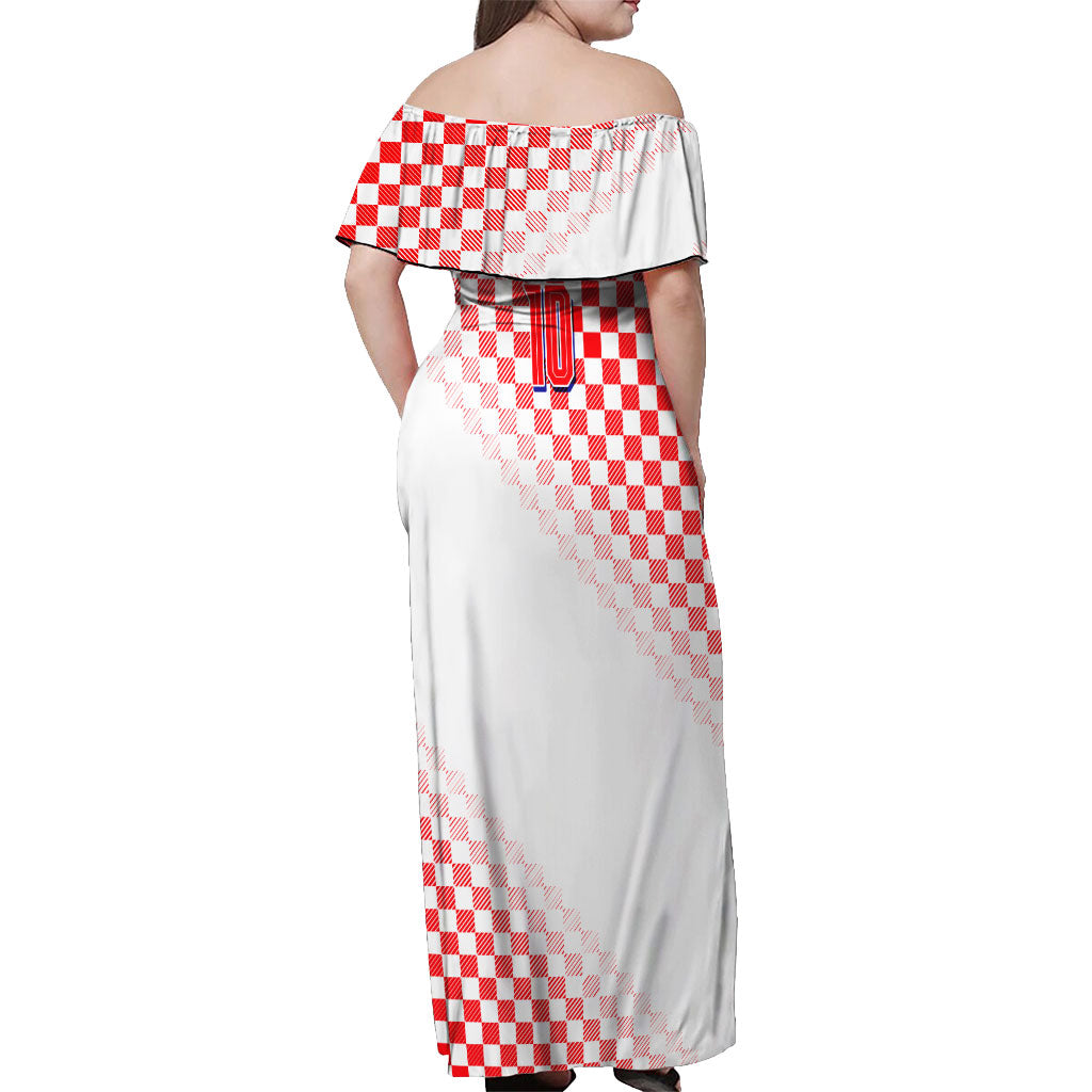 Personalized Croatia Soccer 2026 Off Shoulder Maxi Dress Funa Zlatica Football Mascot - Sahovnica Croatian Checkerboard