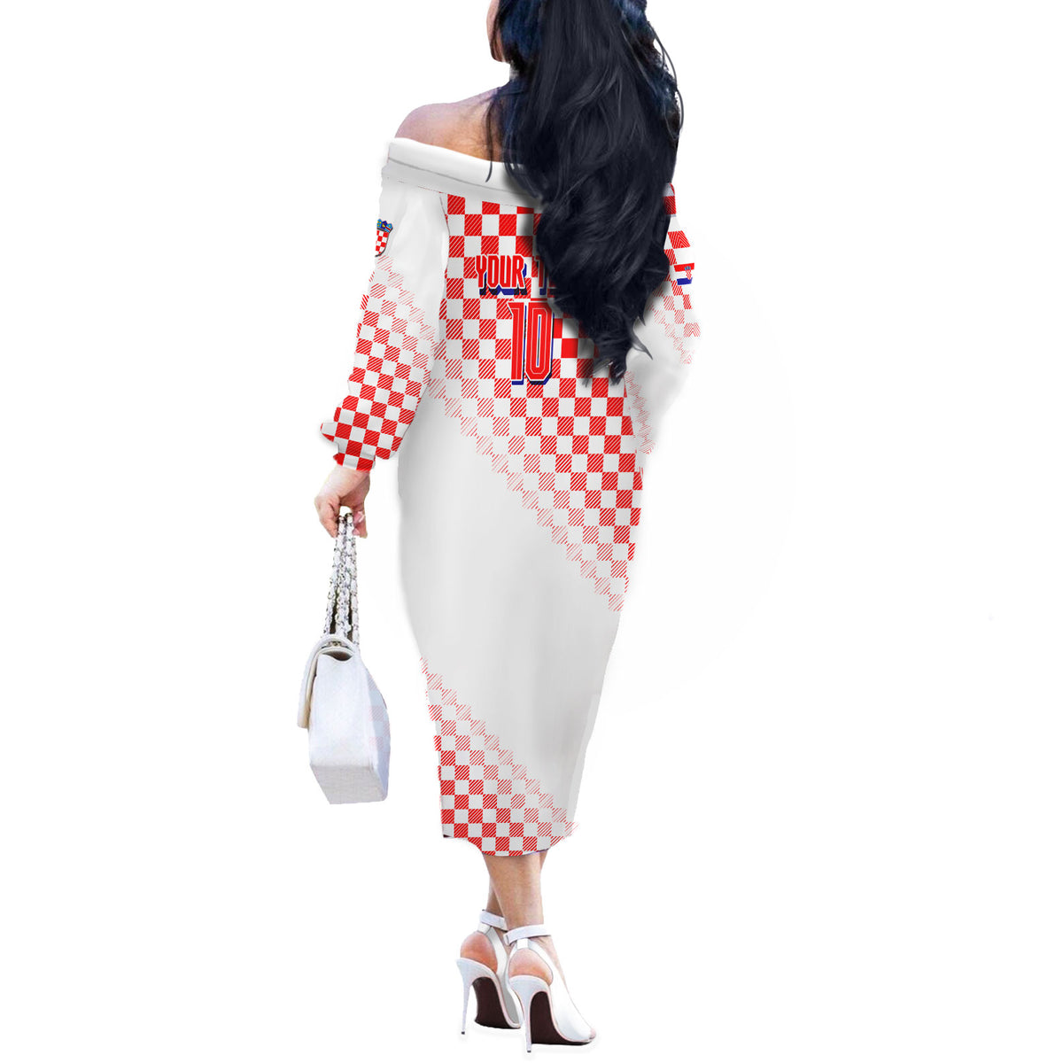 Personalized Croatia Soccer 2026 Off The Shoulder Long Sleeve Dress Funa Zlatica Football Mascot - Sahovnica Croatian Checkerboard