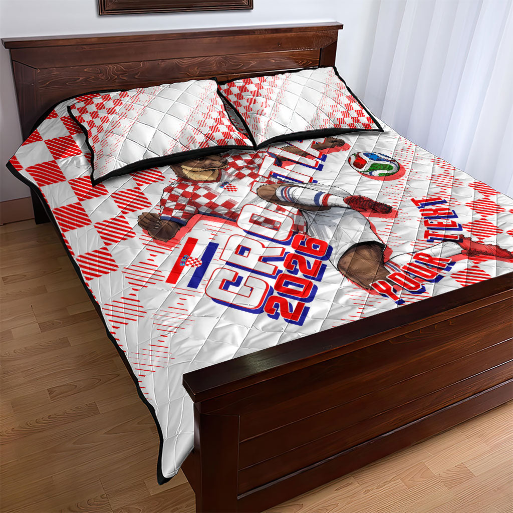 Personalized Croatia Soccer 2026 Quilt Bed Set Funa Zlatica Football Mascot - Sahovnica Croatian Checkerboard
