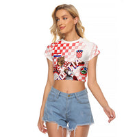 Personalized Croatia Soccer 2026 Raglan Cropped T Shirt Funa Zlatica Football Mascot - Sahovnica Croatian Checkerboard