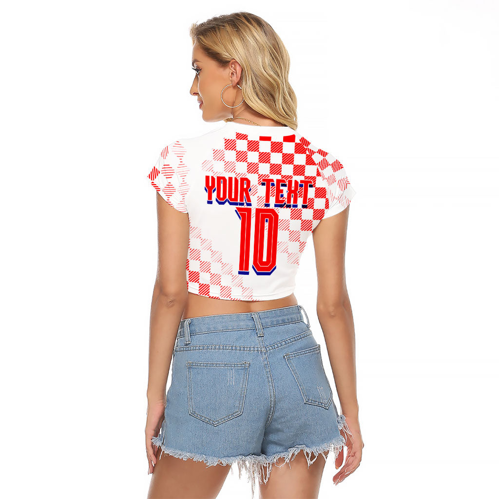 Personalized Croatia Soccer 2026 Raglan Cropped T Shirt Funa Zlatica Football Mascot - Sahovnica Croatian Checkerboard