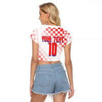 Personalized Croatia Soccer 2026 Raglan Cropped T Shirt Funa Zlatica Football Mascot - Sahovnica Croatian Checkerboard