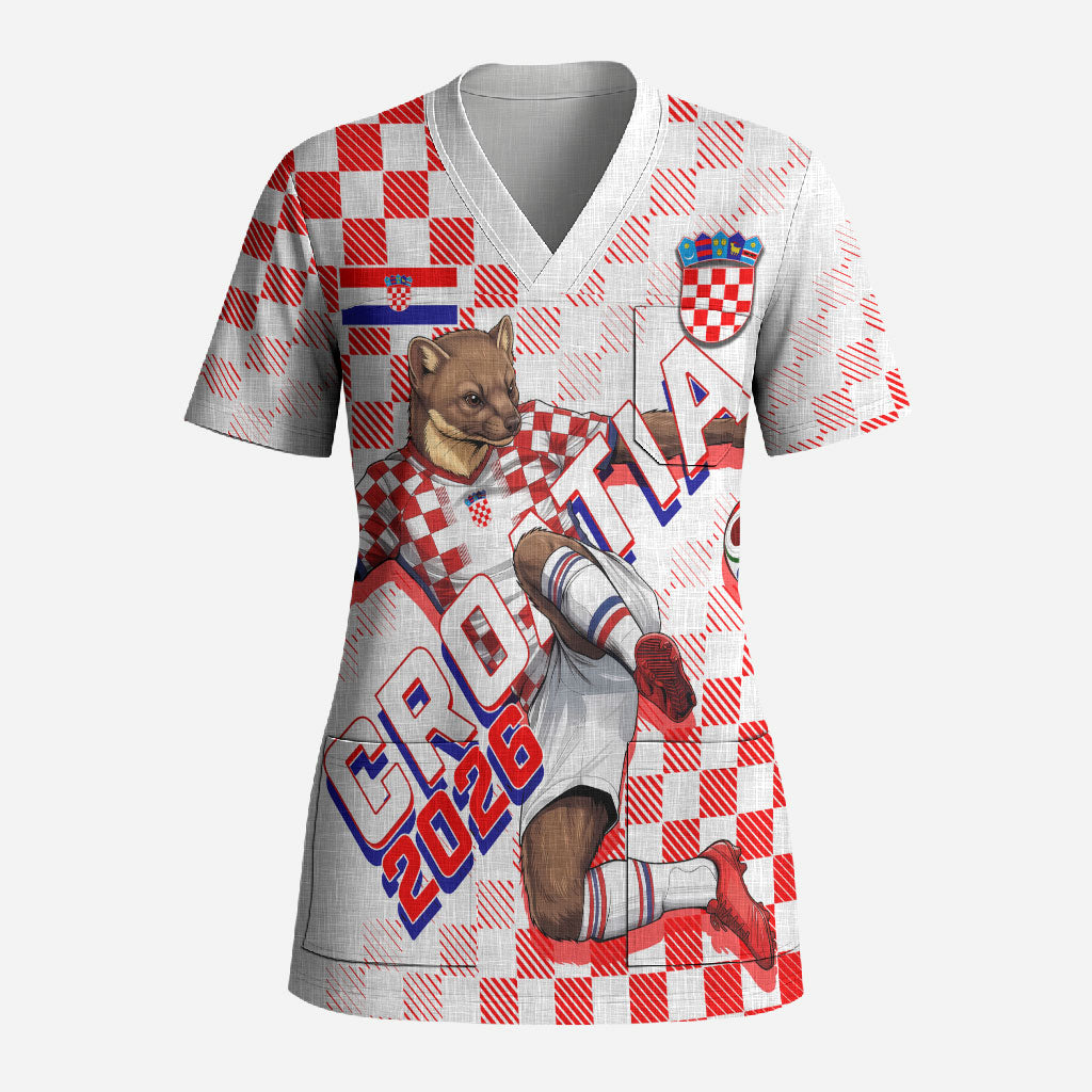 Personalized Croatia Soccer 2026 Scrub Top Funa Zlatica Football Mascot - Sahovnica Croatian Checkerboard