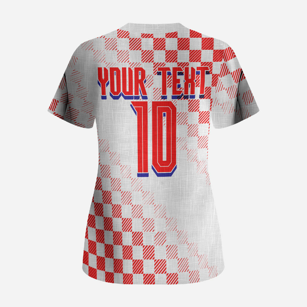 Personalized Croatia Soccer 2026 Scrub Top Funa Zlatica Football Mascot - Sahovnica Croatian Checkerboard