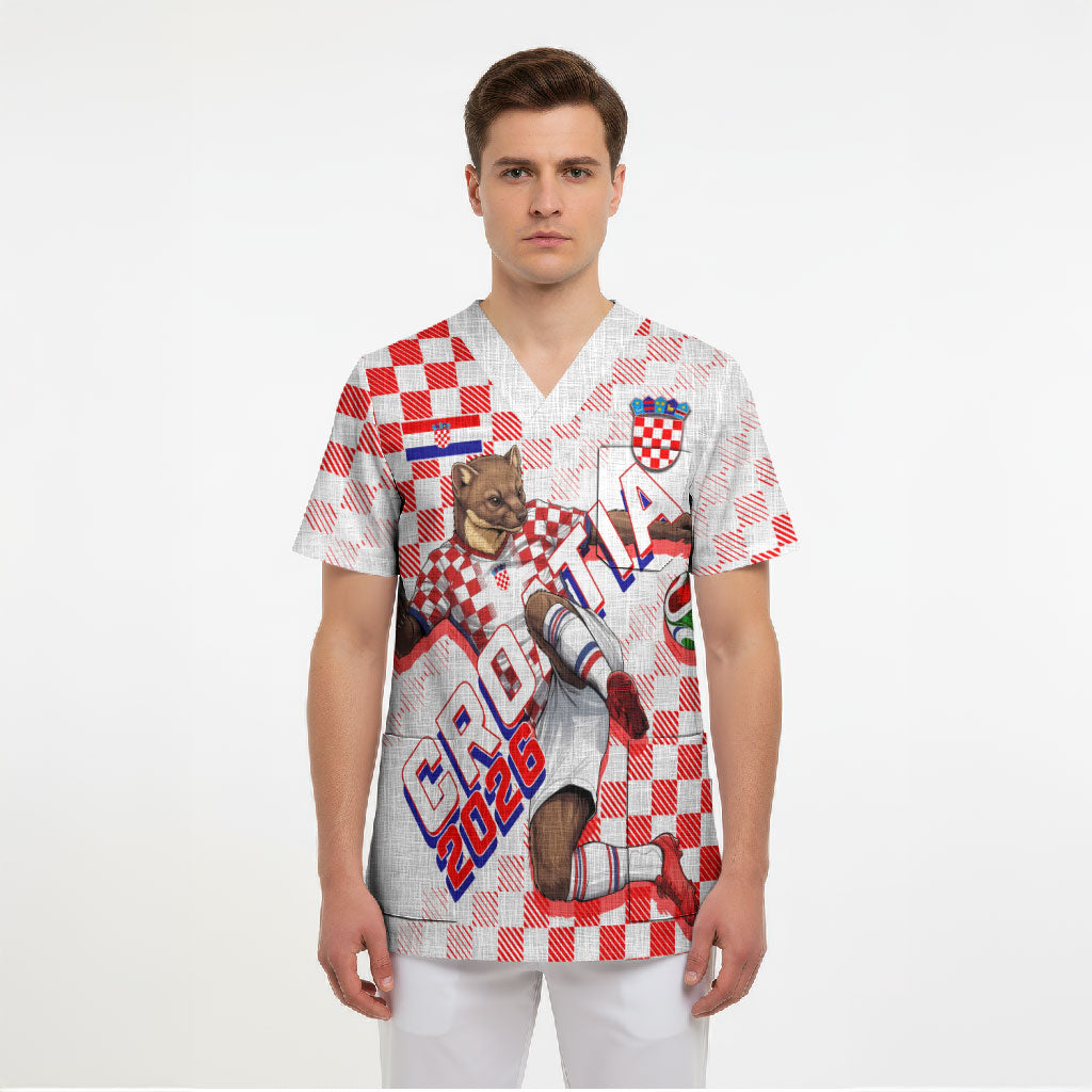 Personalized Croatia Soccer 2026 Scrub Top Funa Zlatica Football Mascot - Sahovnica Croatian Checkerboard