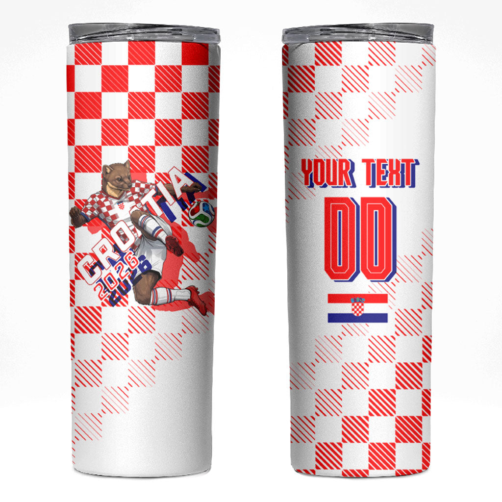 Personalized Croatia Soccer 2026 Skinny Tumbler Funa Zlatica Football Mascot - Sahovnica Croatian Checkerboard