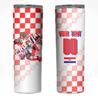 Personalized Croatia Soccer 2026 Skinny Tumbler Funa Zlatica Football Mascot - Sahovnica Croatian Checkerboard