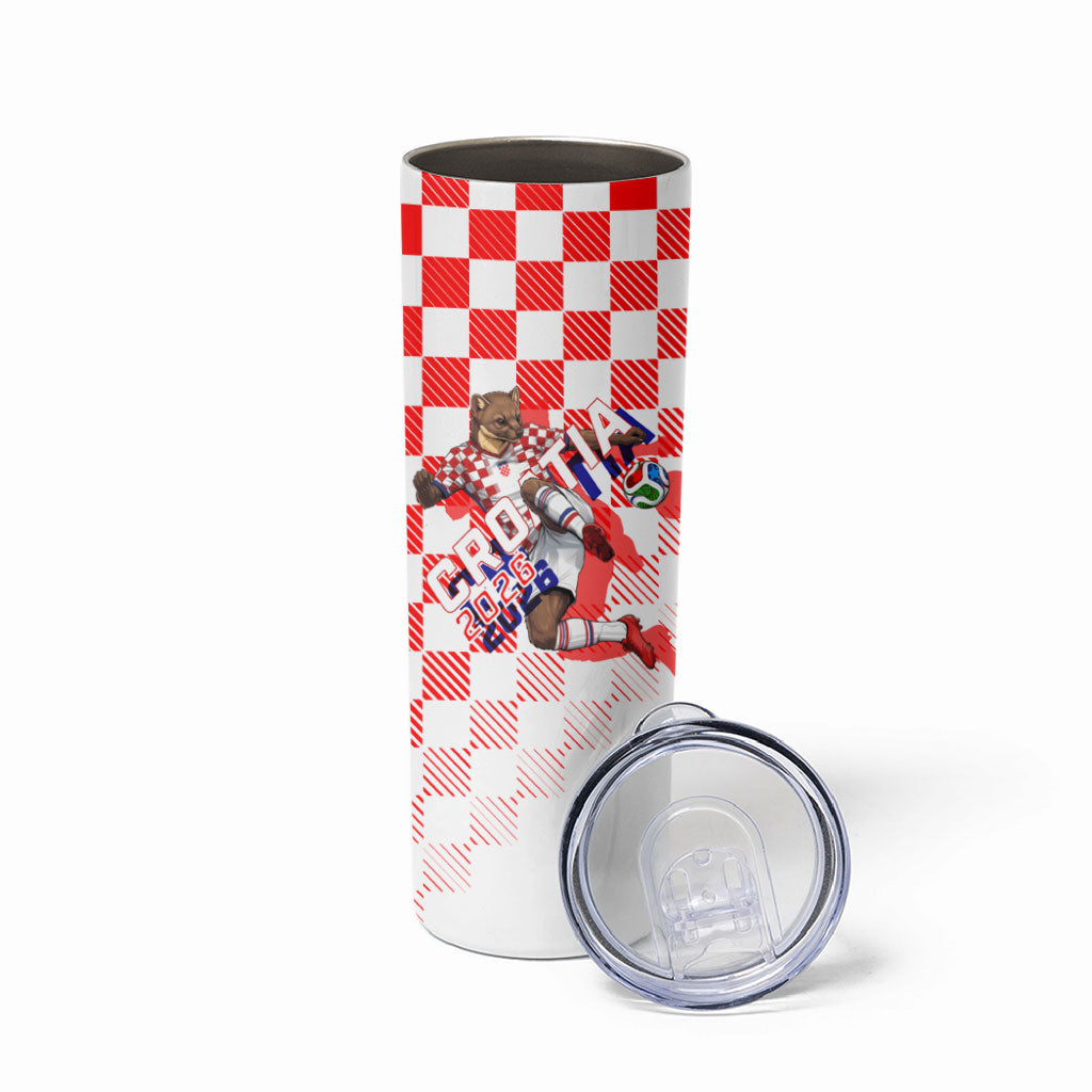Personalized Croatia Soccer 2026 Skinny Tumbler Funa Zlatica Football Mascot - Sahovnica Croatian Checkerboard