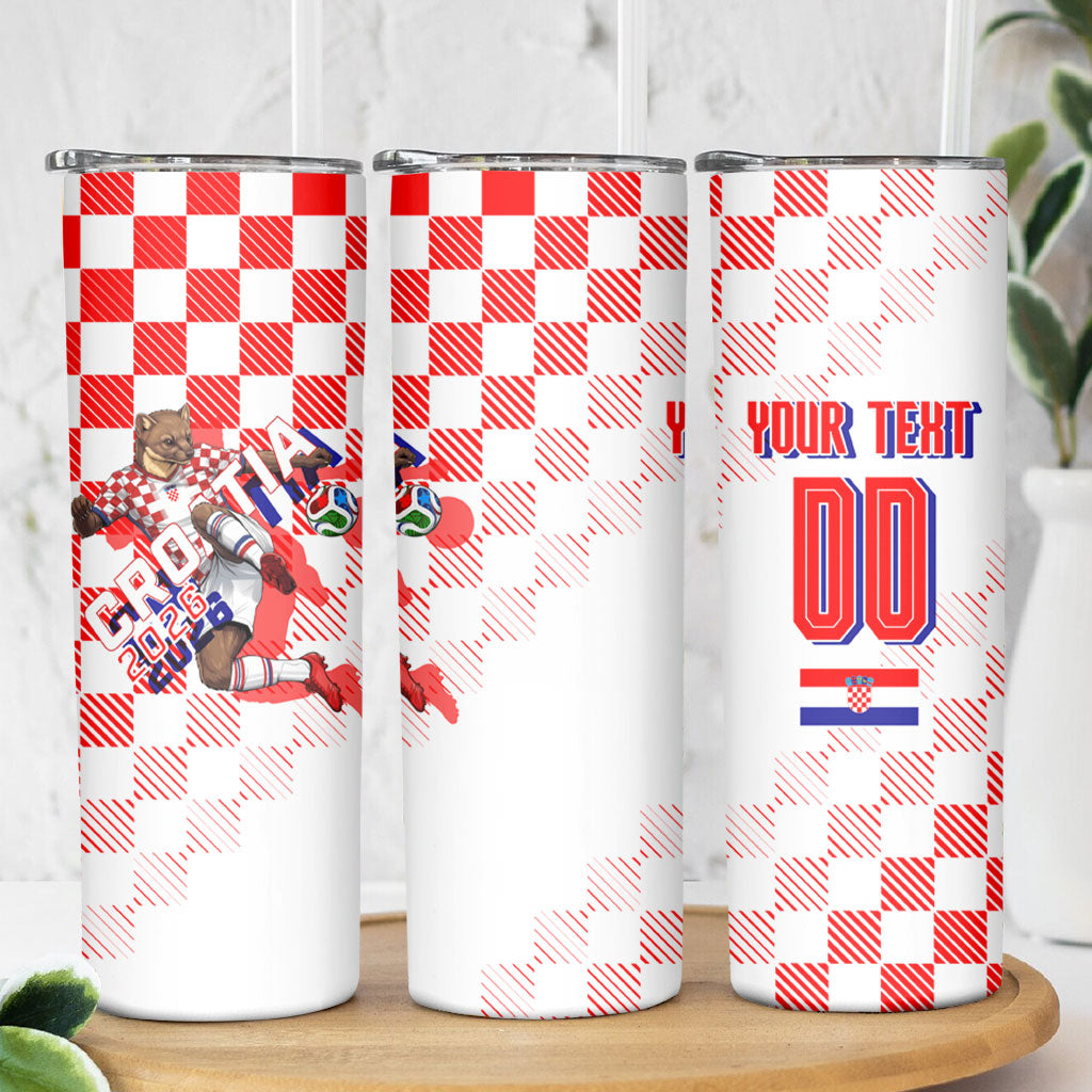 Personalized Croatia Soccer 2026 Skinny Tumbler Funa Zlatica Football Mascot - Sahovnica Croatian Checkerboard