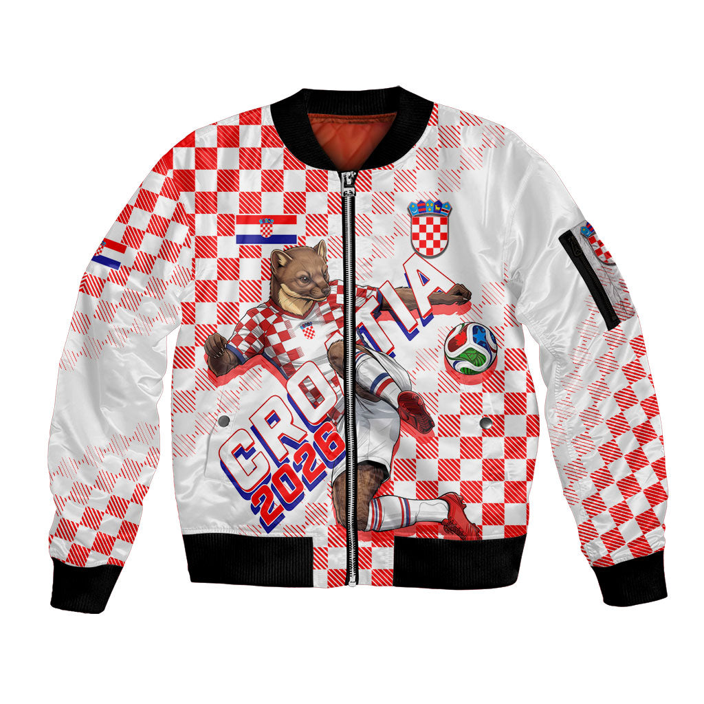 Personalized Croatia Soccer 2026 Sleeve Zip Bomber Jacket Funa Zlatica Football Mascot - Sahovnica Croatian Checkerboard