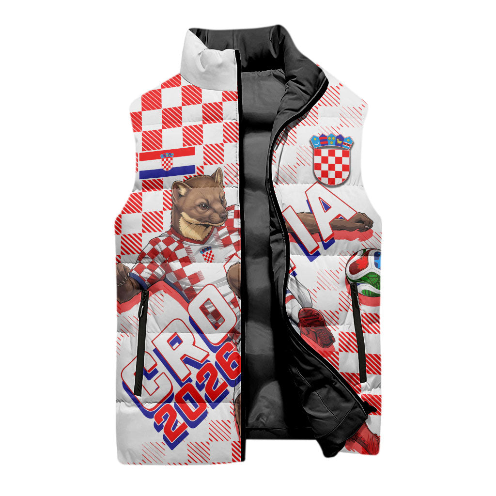 Personalized Croatia Soccer 2026 Sleeveless Puffer Jacket Funa Zlatica Football Mascot - Sahovnica Croatian Checkerboard