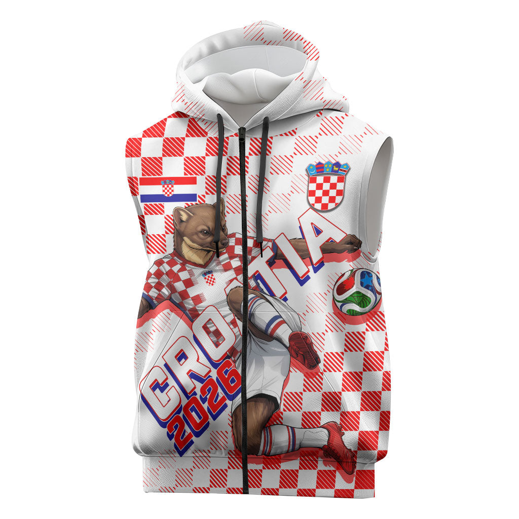 Personalized Croatia Soccer 2026 Sleeveless Zip Hoodie Funa Zlatica Football Mascot - Sahovnica Croatian Checkerboard