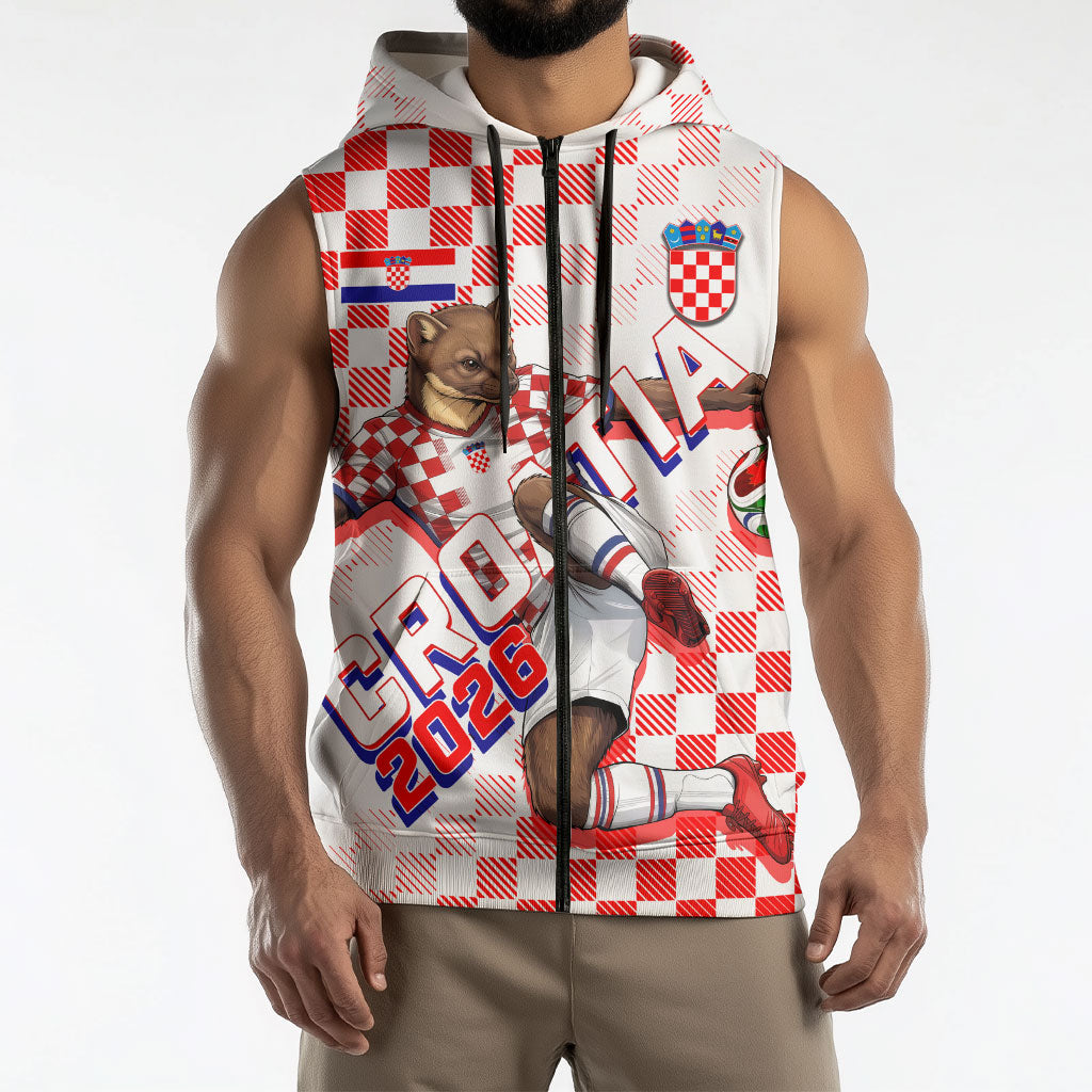 Personalized Croatia Soccer 2026 Sleeveless Zip Hoodie Funa Zlatica Football Mascot - Sahovnica Croatian Checkerboard