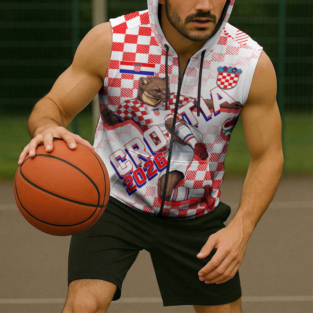Personalized Croatia Soccer 2026 Sleeveless Zip Hoodie Funa Zlatica Football Mascot - Sahovnica Croatian Checkerboard