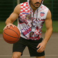 Personalized Croatia Soccer 2026 Sleeveless Zip Hoodie Funa Zlatica Football Mascot - Sahovnica Croatian Checkerboard