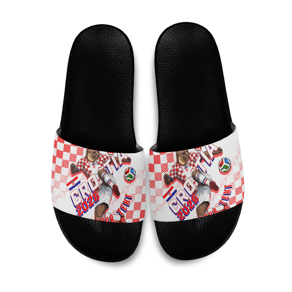 Personalized Croatia Soccer 2026 Slide Sandals Funa Zlatica Football Mascot - Sahovnica Croatian Checkerboard