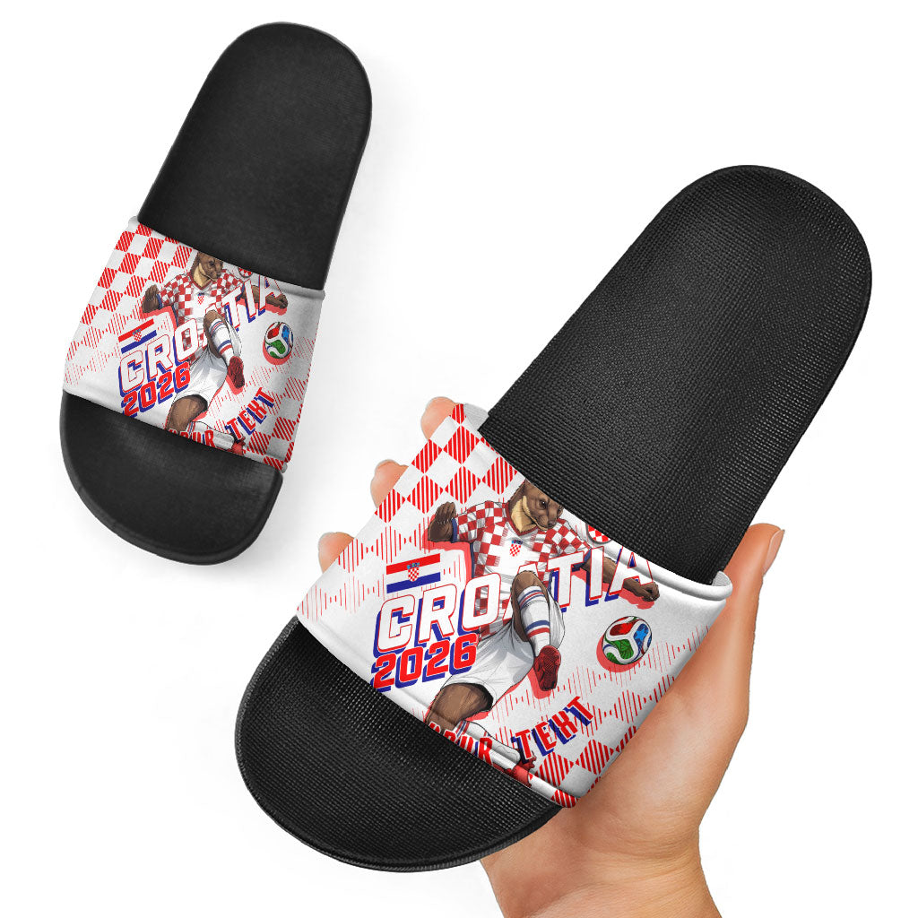 Personalized Croatia Soccer 2026 Slide Sandals Funa Zlatica Football Mascot - Sahovnica Croatian Checkerboard