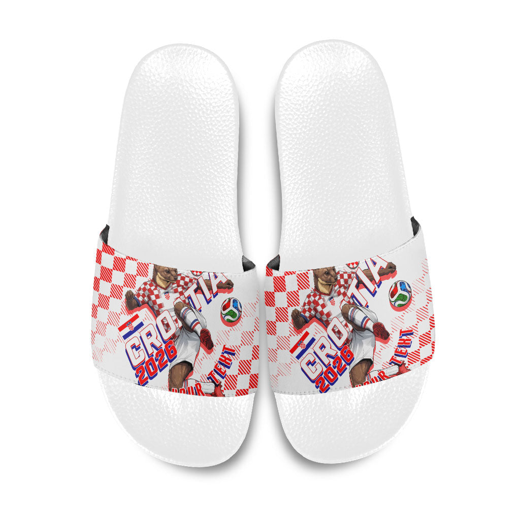 Personalized Croatia Soccer 2026 Slide Sandals Funa Zlatica Football Mascot - Sahovnica Croatian Checkerboard