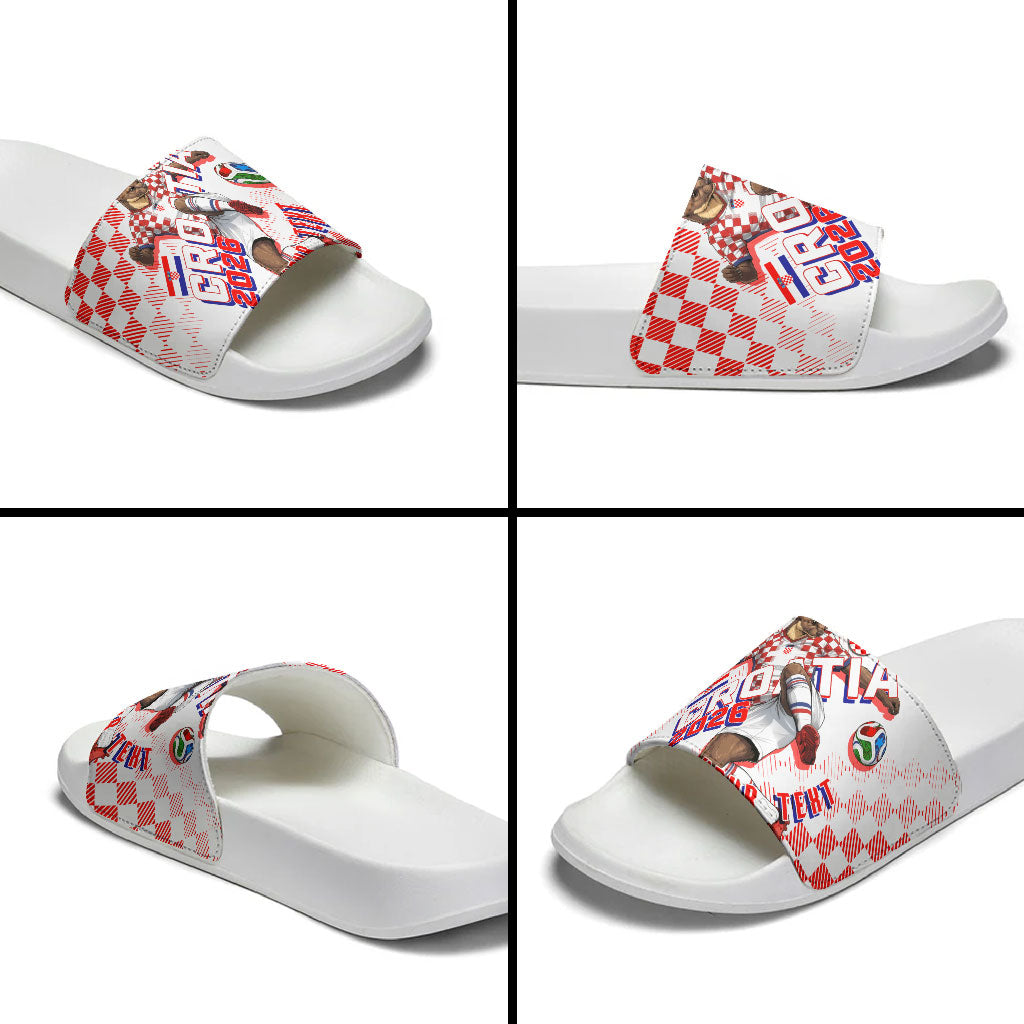 Personalized Croatia Soccer 2026 Slide Sandals Funa Zlatica Football Mascot - Sahovnica Croatian Checkerboard