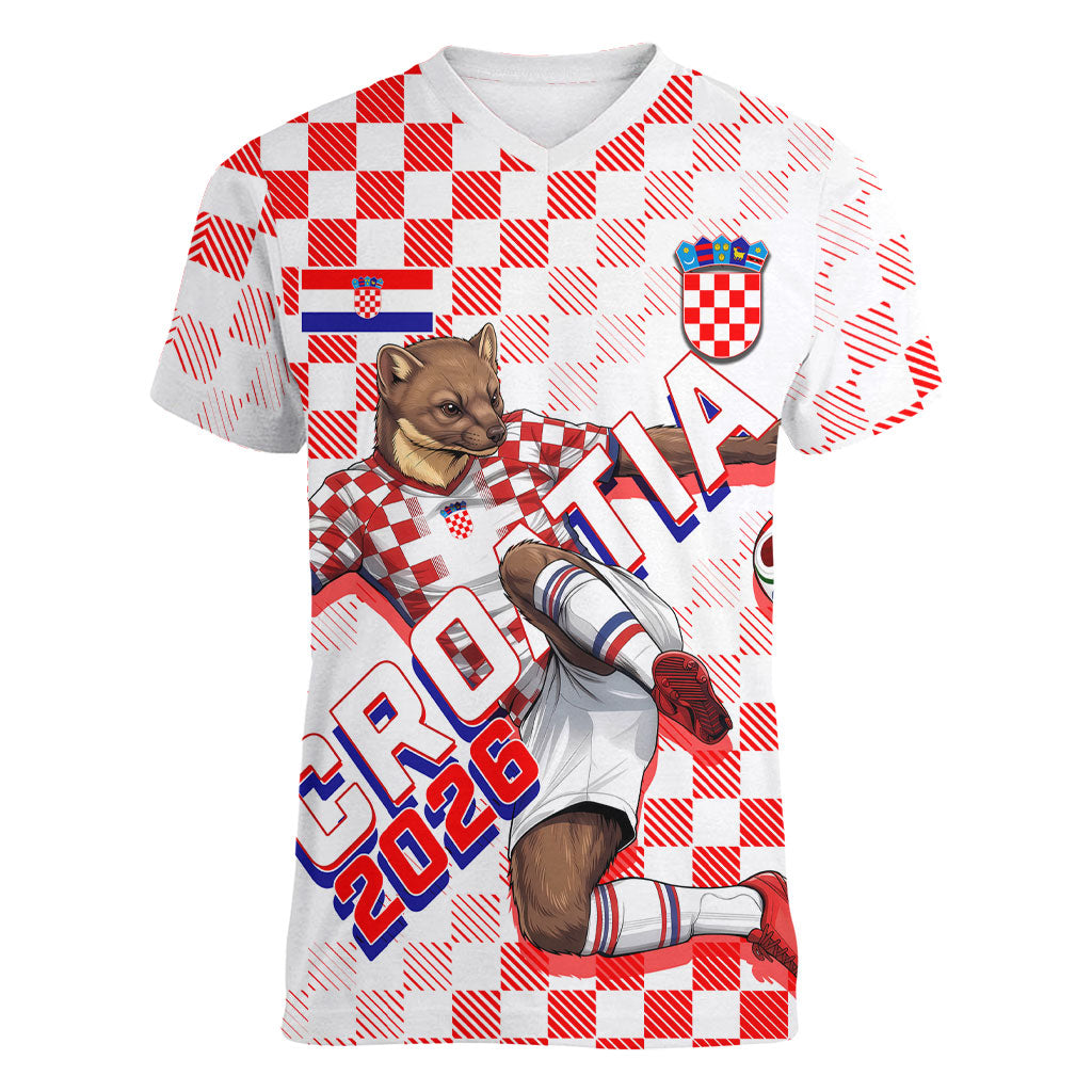 Personalized Croatia Soccer 2026 Women V-Neck T-Shirt Funa Zlatica Football Mascot - Sahovnica Croatian Checkerboard