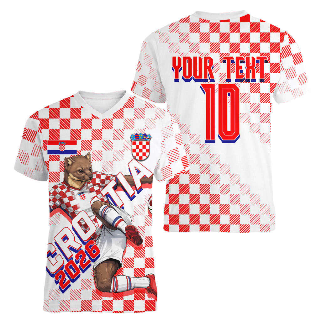 Personalized Croatia Soccer 2026 Women V-Neck T-Shirt Funa Zlatica Football Mascot - Sahovnica Croatian Checkerboard