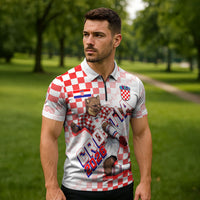 Personalized Croatia Soccer 2026 Zipper Polo Shirt Funa Zlatica Football Mascot - Sahovnica Croatian Checkerboard