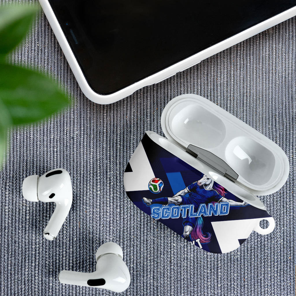 Personalized Scotland Unicorn Football AirPods Case Scottish National Soccer Team - St Andrew's Cross - Vibrant Fantasy Mascot