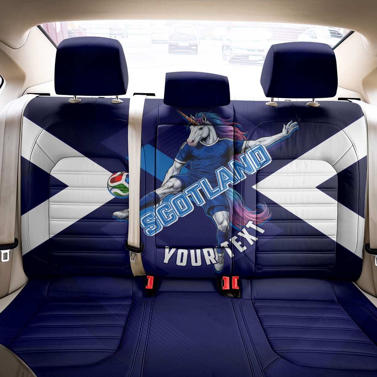 Personalized Scotland Unicorn Football Back Car Seat Cover Scottish National Soccer Team - St Andrew's Cross - Vibrant Fantasy Mascot