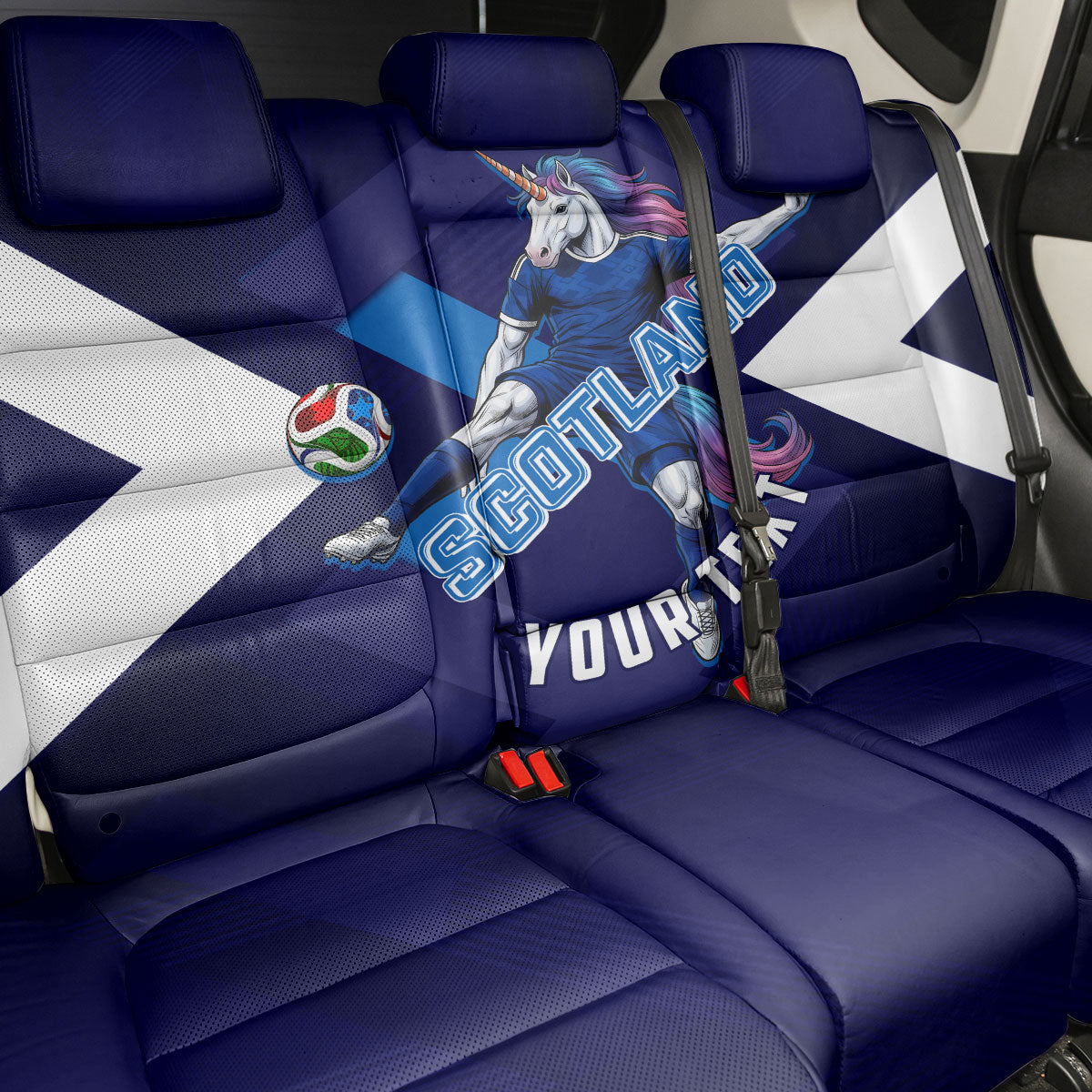 Personalized Scotland Unicorn Football Back Car Seat Cover Scottish National Soccer Team - St Andrew's Cross - Vibrant Fantasy Mascot