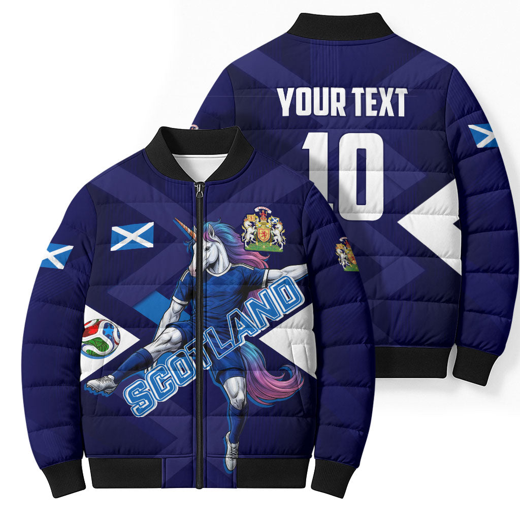 Personalized Scotland Unicorn Football Bomber Puffer Jacket Scottish National Soccer Team - St Andrew's Cross - Vibrant Fantasy Mascot