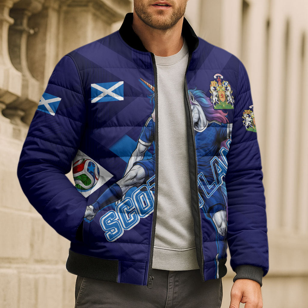 Personalized Scotland Unicorn Football Bomber Puffer Jacket Scottish National Soccer Team - St Andrew's Cross - Vibrant Fantasy Mascot