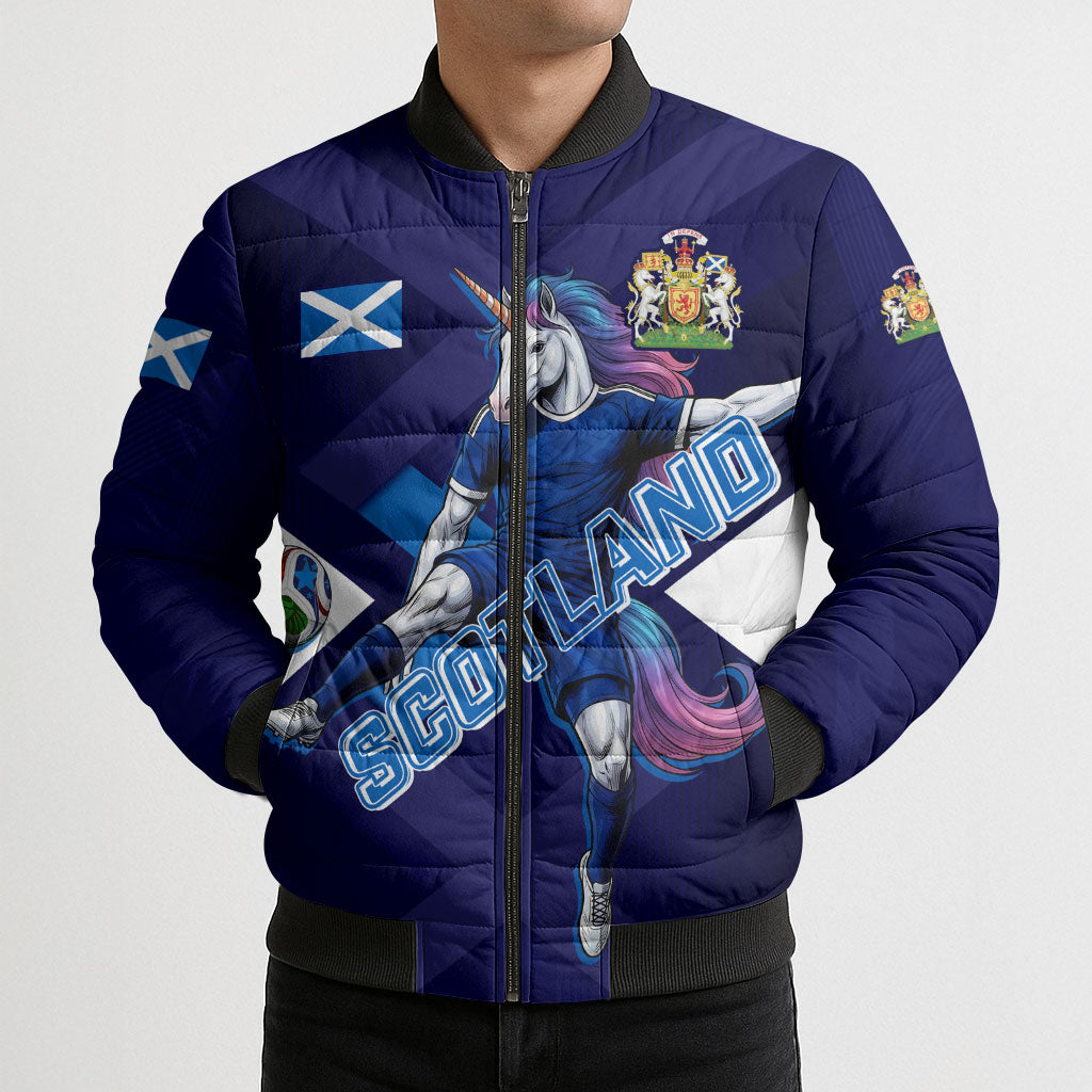 Personalized Scotland Unicorn Football Bomber Puffer Jacket Scottish National Soccer Team - St Andrew's Cross - Vibrant Fantasy Mascot