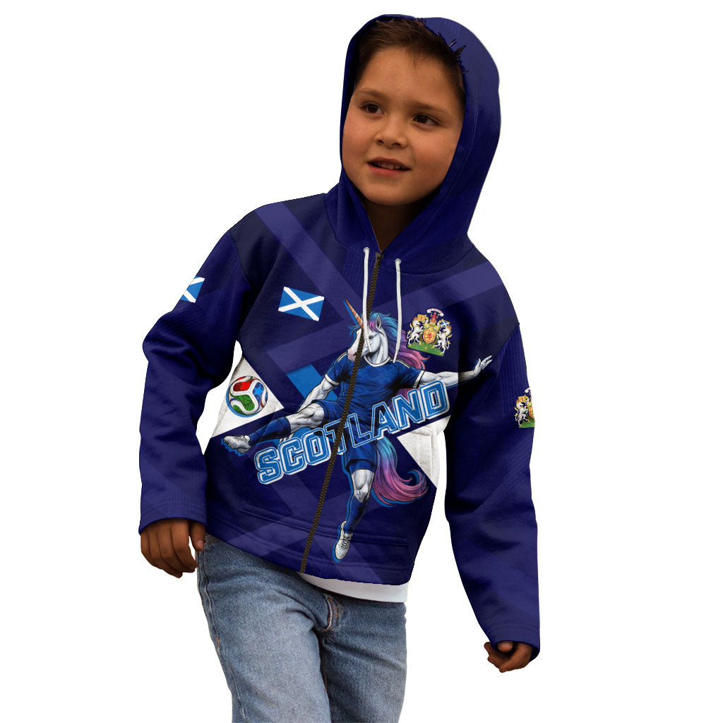 Personalized Scotland Unicorn Football Kid Hoodie Scottish National Soccer Team - St Andrew's Cross - Vibrant Fantasy Mascot
