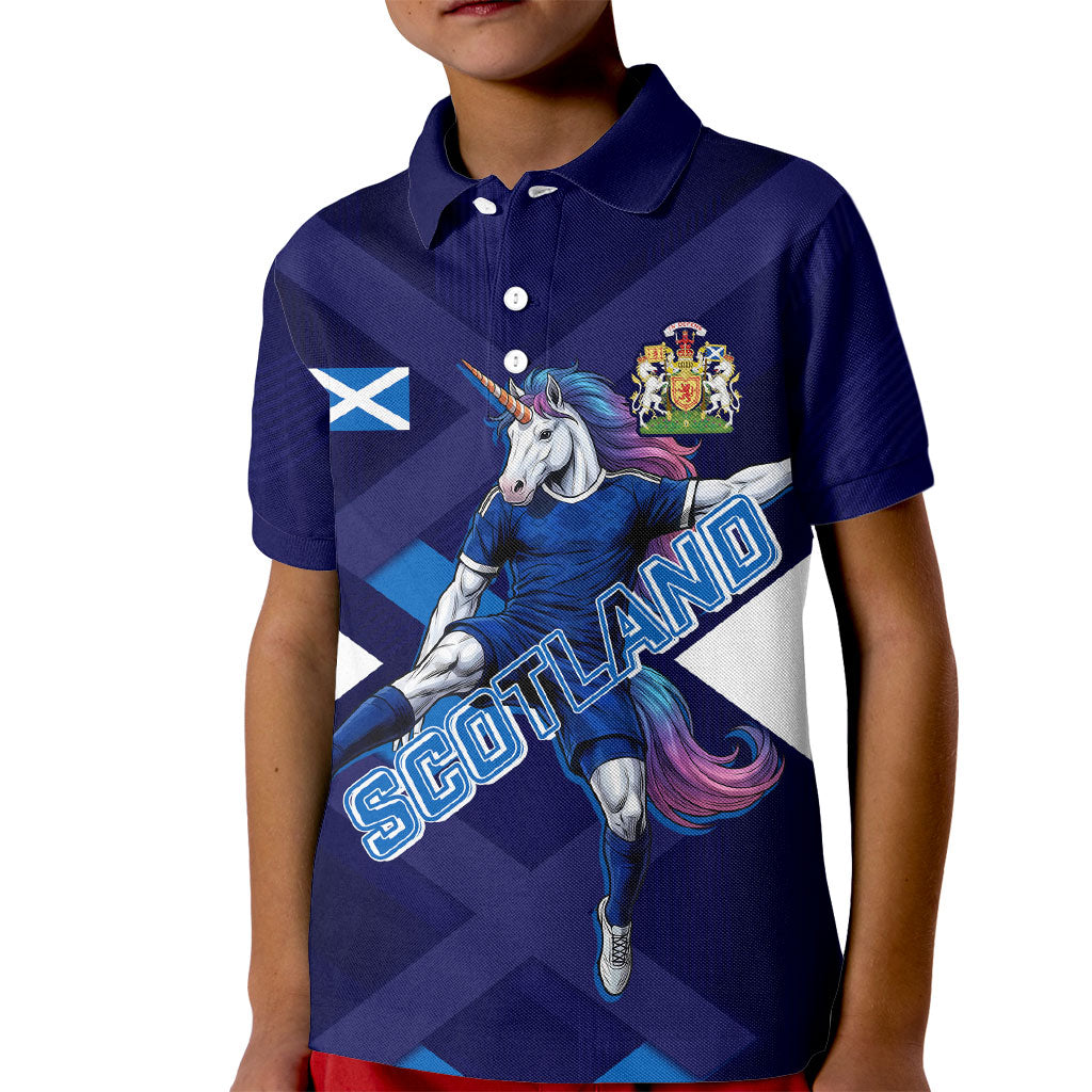 Personalized Scotland Unicorn Football Kid Polo Shirt Scottish National Soccer Team - St Andrew's Cross - Vibrant Fantasy Mascot