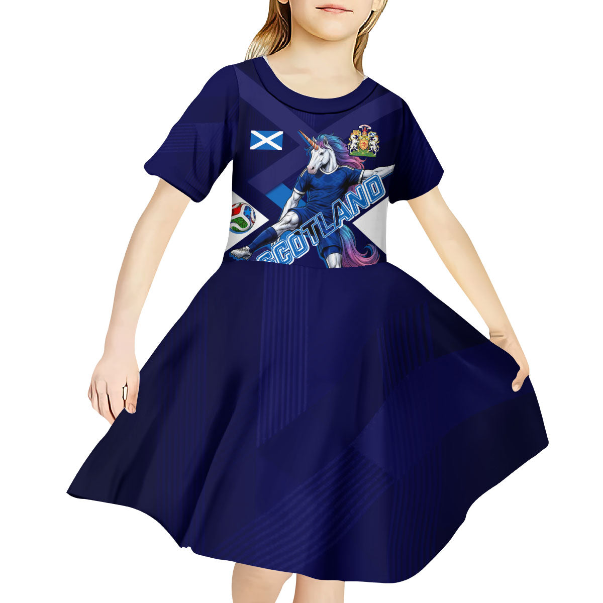 Personalized Scotland Unicorn Football Kid Short Sleeve Dress Scottish National Soccer Team - St Andrew's Cross - Vibrant Fantasy Mascot