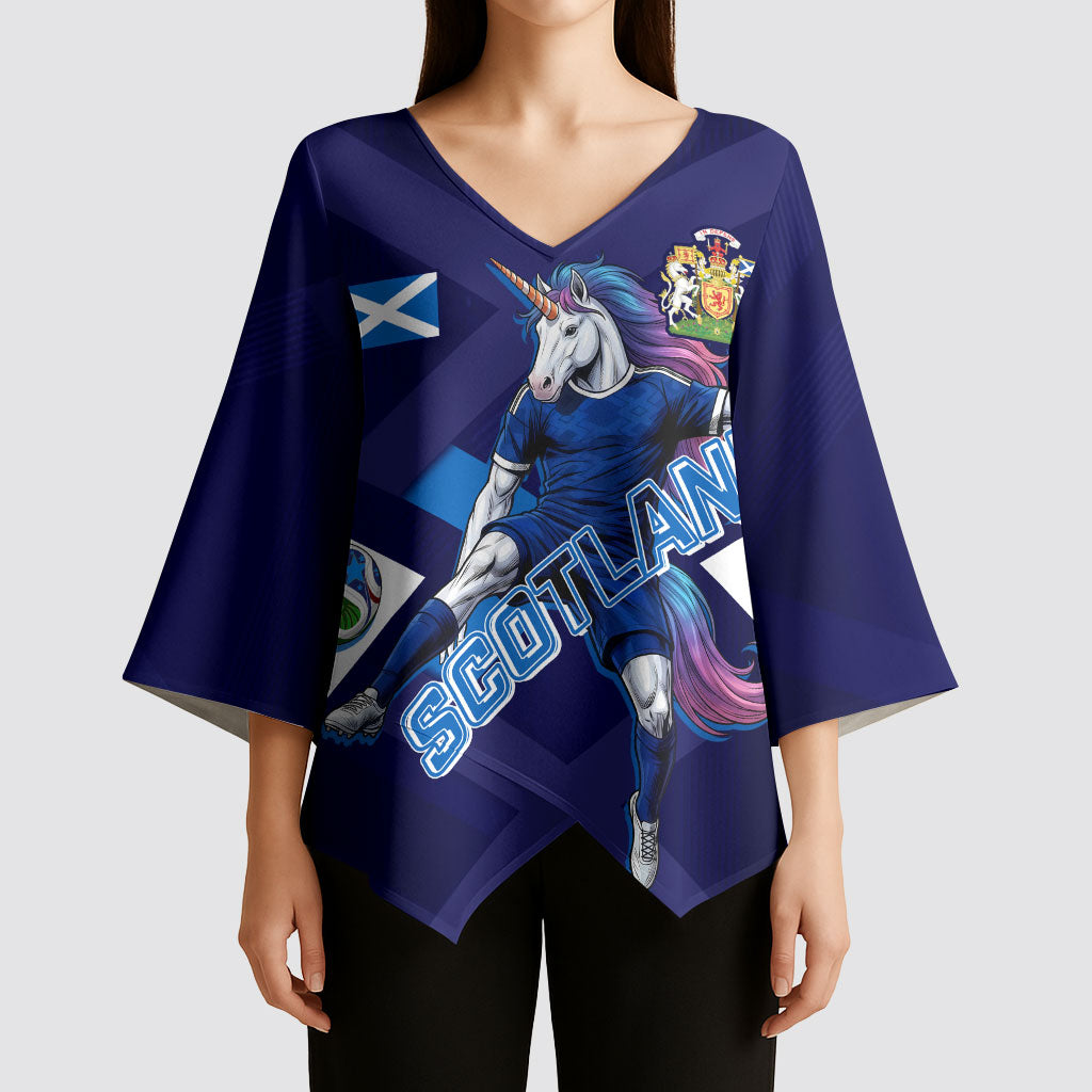 Personalized Scotland Unicorn Football Kimono Sleeve Blouse Scottish National Soccer Team - St Andrew's Cross - Vibrant Fantasy Mascot