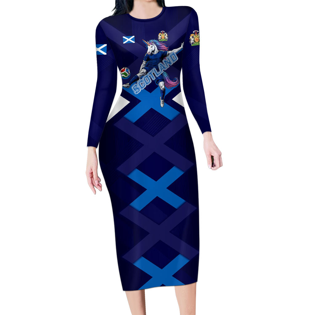 Personalized Scotland Unicorn Football Long Sleeve Bodycon Dress Scottish National Soccer Team - St Andrew's Cross - Vibrant Fantasy Mascot